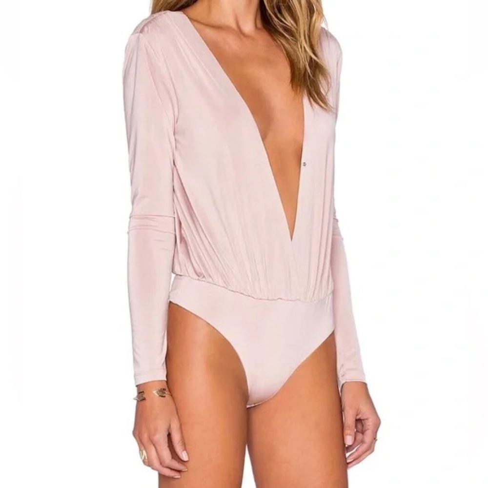 Lovers + Friends Blush Pink Deep V Long Sleeve Bodysuit